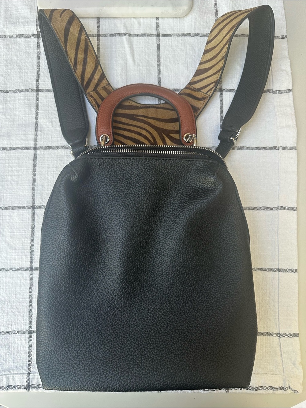 INZI Black Leather Backpack with Brown Zebra Straps